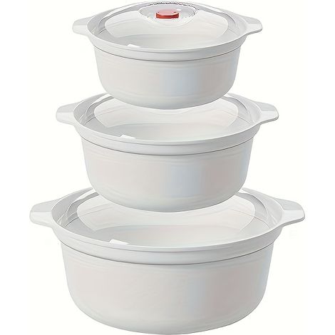 Lot de 3 bols micro-ondes ronds avec couvercles, bol à soupe PP alimentaire et plateau vapeur, réchauffage rapide 1-3 minutes, blanc