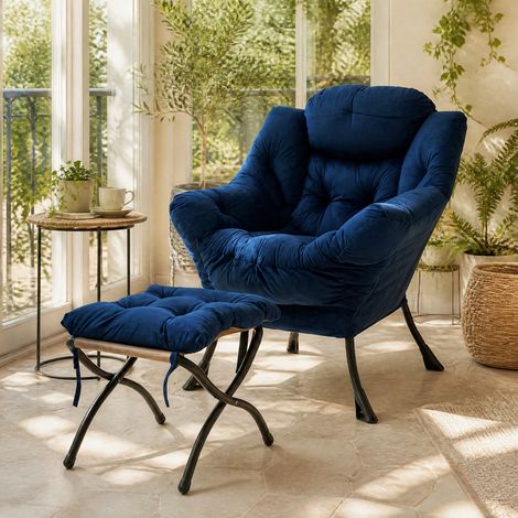 Sillón relax con reposapiés y bolsillo lateral, reposabrazos acolchados, azul oscuro DESVIAE (1/5)