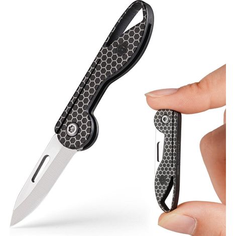 Mini Klappmesser Titan mit Schlüsselanhänger, Rasiermesserscharf, Hex Schwarz
