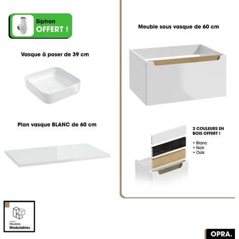 Ensemble meuble sous vasque avec plan et vasque à poser - Siphon OFFERT  OPRA  Blanc  60 × 30 × 45 cm (1/5)