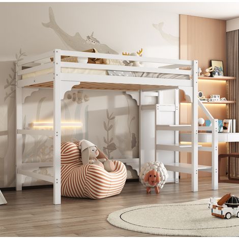 lit adulte mezzanine armoire rangement 140x200 blanc OKMYHOME (1/5)