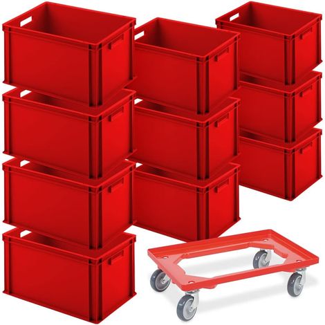 BRB 10er SPAR-Set Euro-Behälter PLUS Transportroller, 600x400x320 mm Industriequalität lebensmittelecht (rot/rot) (1/3)