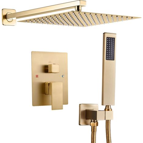 Ensemble de robinetterie de douche, système de douche effet pluie avec pommeau de douche carré de 25,4 cm (10 pouces) et douchette à main, accessoires de salle de bain muraux avec robinetterie et garn (1/5)