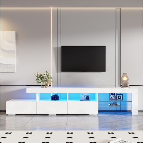 Meuble TV blanc laqué avec LED, 3 tiroirs, 2 étagères en verre et 7 espaces de rangement, design moderne 180 cm (1/5)