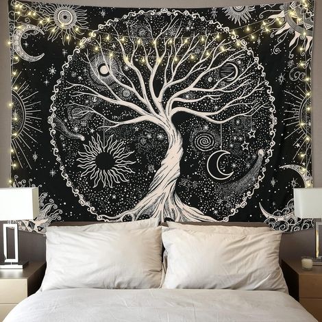 Arbre de Vie Tapisserie Lune et Soleil Noir Tenture Murale Tapisserie Psychédélique Mandala Étoilé Tapisserie Murale Hippie Décoration Murale pour Chambre Dortoir Fête (150x200cm) (1/5)