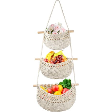 Corbeille Suspendue 3 Étages Tissée Main, Sac Mural pour Rangement Fruits, Snacks et Légumes