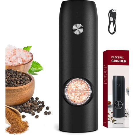 Moulin à poivre et à sel électrique avec lumière LED, utilisation à une main, mouture réglable (grosse et fine) pour les épices de cuisine, noir (1/5)