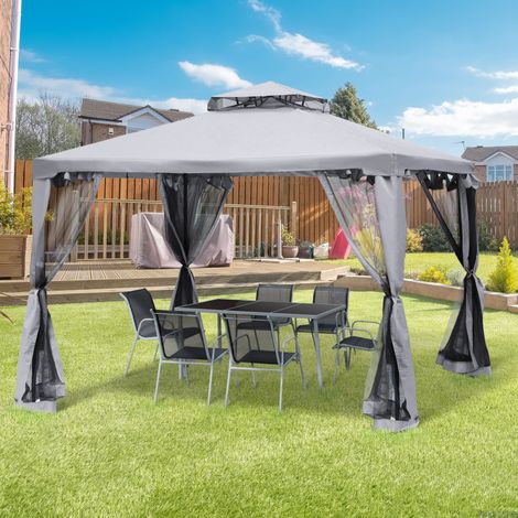 Pavillon de jardin métal et polyester gris anthracite 294 x 294 x 265 cm avec 4 parois moustiquaires (1/5)