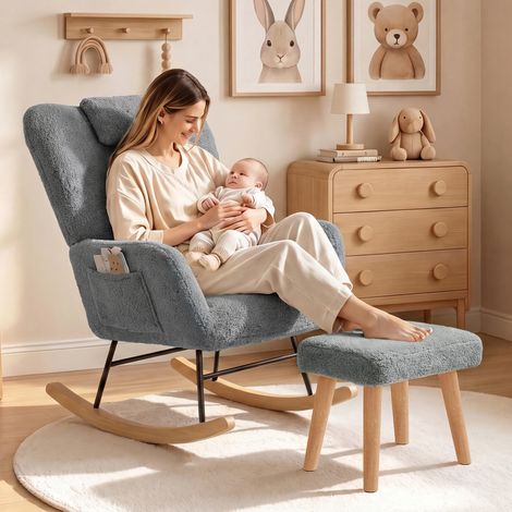 JOOKGBD-Fauteuil à bascule en laine d'agneau gris avec tabouret, fauteuil d'allaitement et de relaxation,dossier ergonomique avec appui-tête, poche latérale, salon chambre et espace de détente (1/5)