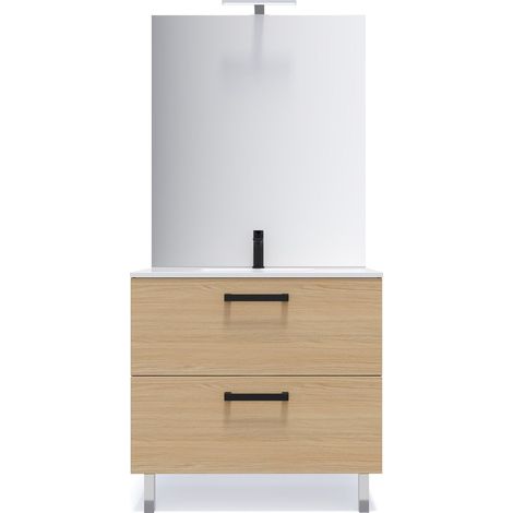 Meuble de salle de bain suspendu avec pieds vasque intégrée 90cm 2 tiroirs Chêne clair + miroir - Chelsea (1/5)