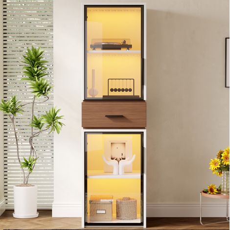 Vetrina in MDF bianco 40 x 40 x 200 cm con 2 ante in vetro temperato, 1 cassetto e LED multicolore (1/5)