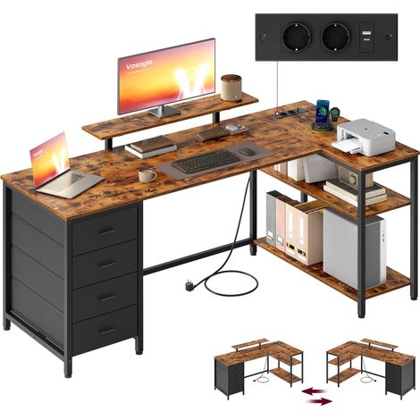 Bureau d’Angle en Forme de L, Prises Intégrées, Bureau Informatique, Configuration Réversible, Étagères Réglables, 4 Tiroirs, 2 Ports USB, 160 x 80 cm, Marron Rustique (1/5)