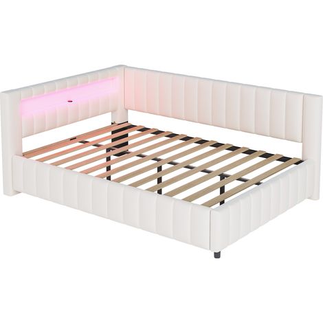Cama tapizada 140x200 de terciopelo beige con LED, USB y cabecero (1/5)