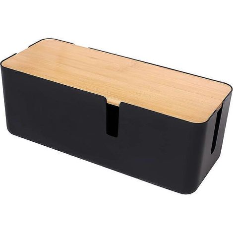 Boîte de rangement de câbles avec couvercle en bambou, petite boîte de rangement pour rallonge, multiprise et protection contre les surtensions (noir) (1/5)