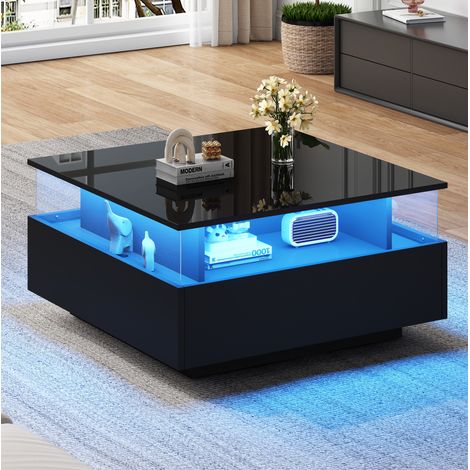 Table basse 70x70x41 cm noire – LED, 2 tiroirs et espace vitrine, panneaux de particules MEUBLIV (1/5)