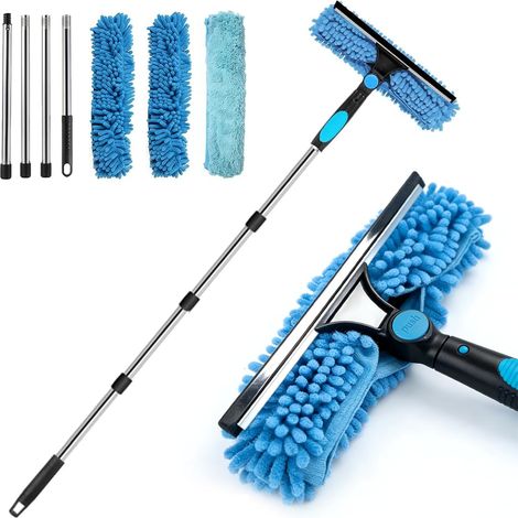 Raclette Vitres avec telescopique Manche 180cm, Nettoyeur Vitre avec Raclette en Silicone et Brosse en Microfibres, Kit de Nettoyage de Vitres pour Salle de Bain,Douche,Voiture,Fenêtres (1/5)