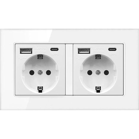 Doppelsteckdose, versenkte USB-Steckdose mit 2 Steckdosen, 2 USB-Anschlüssen, 2 USB-C-Anschlüssen, versenkte Wandsteckdose, Wandsteckdose mit Glasabdeckung, einfache Installation (1/5)