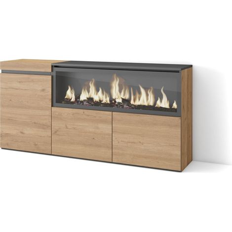 Skraut Home - Buffet salon et cuisine, Meuble de Rangement, Commode, 160, 3 Portes, Cheminée électrique XXL, Style moderne, Chêne (1/5)