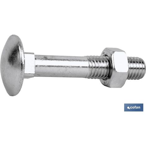 COFAN din-603/934 m-10x180 z   caja 25 unid. , Tornillo carrocero DIN 603/934,  Baja Resistencia, cuello cuadrado cabeza redonda + Tuerca hexagonal. Medidas desde M-5 hasta M-16