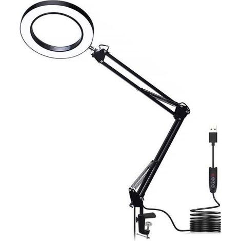 Loupe avec lumière LED Grossissement 5X, 3 modes de gradation Luminosité réglable, Lampe de bureau Lampe de lecture, 22cm+22cm Noir (1/4)