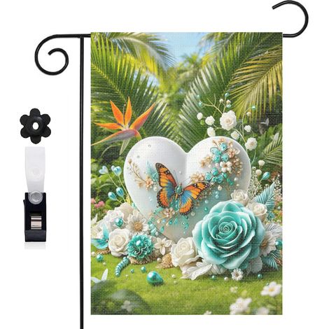 Drapeau de jardin style enchanteur et cœur avec hortensias 30 x 45 cm décoration terrasse et extérieur (1/5)