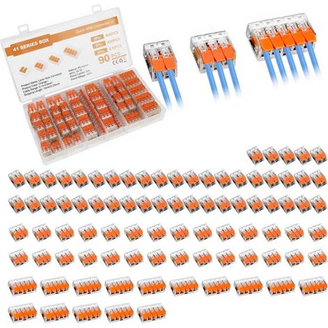 90 Pièces Connecteur Electrique à Levier Transparent PCT, Assortiment de Raccordement, 45 Modules 2 Entrées, 30 Modules 3 Entrées, 15 Modules 5 Entrées, pour Fils Souples et Rigides (1/5)