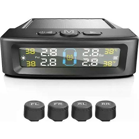 Sistema de monitoreo de presión de neumáticos TPMS, sistema de alarma de seguridad para automóviles, inalámbrico, alimentado por energía solar/USB, 4 sensores con pantalla digital a color. (1/5)