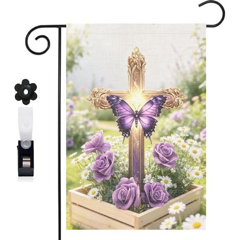Bannière de cour papillon violet et croix dorée 30 x 45 cm décoration extérieure et intérieure (1/5)