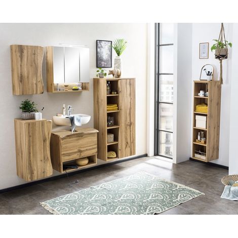 Badmöbel Komplett Set inkl. LED Spiegelschrank KAHLA-03 in Wotan Eiche Nb. mit Baumkantenoptik, B/H/T: ca. 198,5/200/40 cm (1/5)
