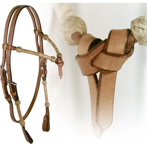 NATURALE - Testiera western in cuoio con frontalino a fiocco ricoperto in rawhide