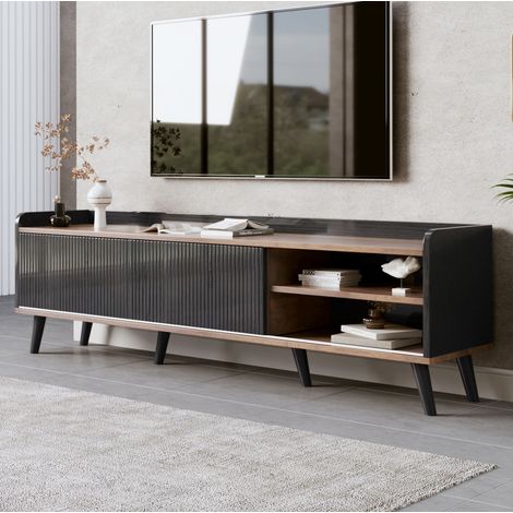 Mueble TV 160x40x58 cm negro y madera en tablero de partículas con 2 puertas correderas y 2 cajones (1/5)