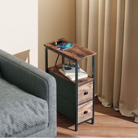 Table d'appoint 40x20x63 cm en bois et acier, marron rustique, chargeur, pour petit salon – MEUBLIV (1/5)