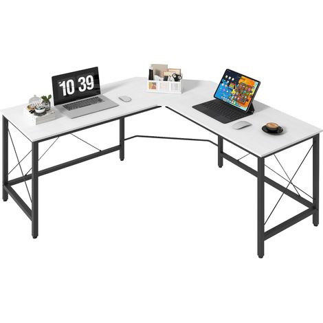 Scrivania angolare moderna con struttura in acciaio, portata 70 kg, ideale per casa, ufficio e studio, dimensioni 150x150x76 cm, colore bianco.
