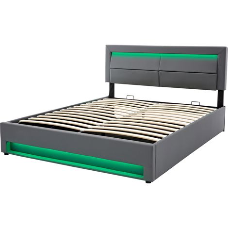 Lit rembourré 140x200 cm en PU gris avec LED, ports USB et rangement, sommier à lattes inclus (sans matelas) (1/5)