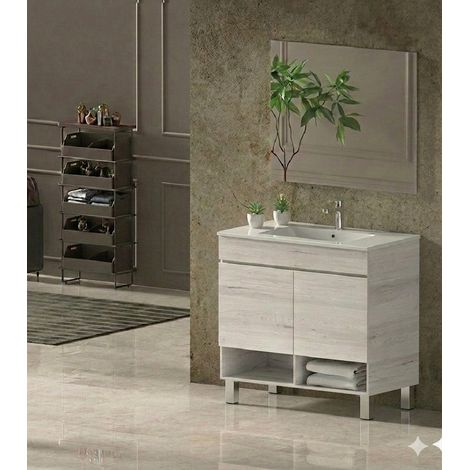 Ensemble Meuble de salle de bain NEBARI avec pieds Livré Monté 2 portes, lavabo et miroir Blanc nordique 80x45 cm