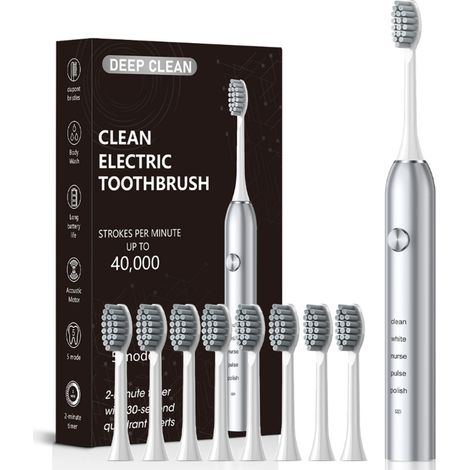 Brosse à dents électrique 40000 cps poils DuPont étanche sonique nettoyage profond 5 modes 8 têtes Gris (1/5)