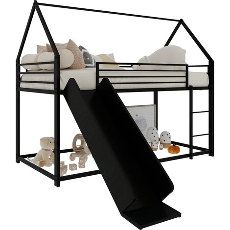 Ce lit superposé mesure 90 x 190 cm. Le lit enfant est équipé d'un toboggan. Ce lit en forme de maison avec escalier est facile à monter et ne comprend pas de matelas à ressorts. (1/5)