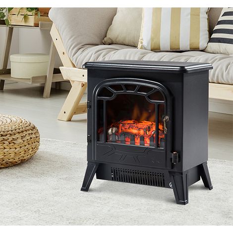 Cheminée électrique radiateur Imitation Flamme avec luminosité et réglable 925 W / 1850 W Porte métal Verre trempé Noir (1/5)
