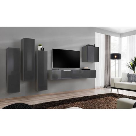 Ensemble mural - Switch III - 3 vitrines verticales - 1 banc TV - 1 vitrine carrée - Graphite - Livraison gratuite