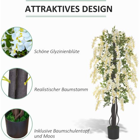 Glycine synthétique Outsunny, grand arbre artificiel de 165 cm, en matière plastique, avec fleurs factices en pot. Plante décorative réaliste, parfaite pour un intérieur moderne au bureau, séjour ou c