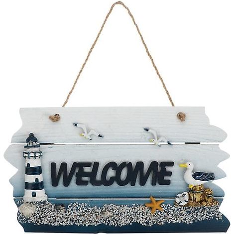 Décoration murale marine, panneau de porte en bois, ornement de plage, panneau de bienvenue bleu 29 x 11,5 cm (1/4)