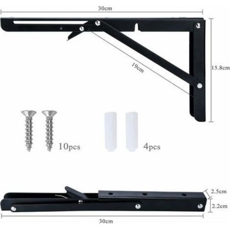 Support Étagère Pliable 300mm – Robuste 60kg, Noir, pour Table ou Mur (1/5)