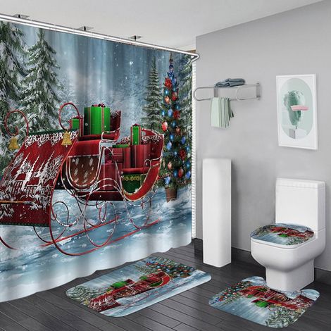 Rideau De Douche Noel - Ensemble 4 Pieces Avec Tapis Anti-Dérapant Couvre-Réservoir Et Paillasson - Motif Bonhomme De Neige Flocons De Neige - Pour Salle De Bain (1/5)