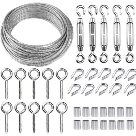 Corde en Acier Inoxydable à Suspendre Kit,30M/2mm Câble en Acier Inoxydable Revêtu avec M5 Tendeurs,Kit Cable Métallique 2mm pour Plantes Grimpante,Corde a linge,Rambarde,Cable de Garde Corps (1/5)