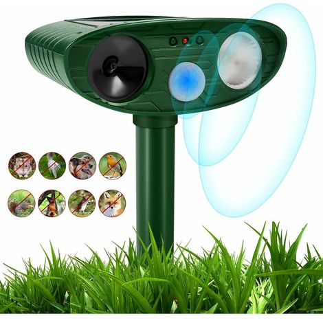 Répulsif pour chat, répulsif solaire pour animaux, jardin étanche, répulsif pour animaux à ultrasons avec lampe flash LED et haut-parleur à capteur de mouvement PIR, utilisé dans les jardins (1/4)