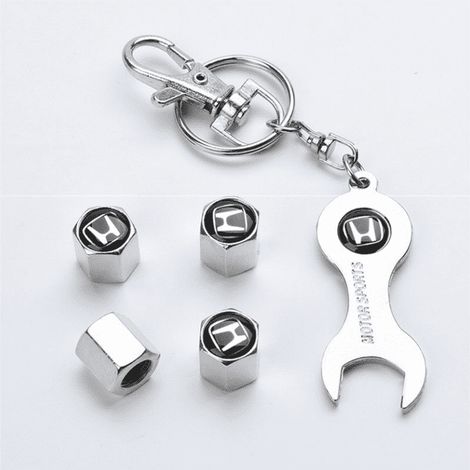 Universal Tire Valve Stem Caps with Logo Emblem, Stainless Steel (4pcs) Car Tire Valve Stem Air Caps Cover + (1pcs) Wrench Keychain for Car / Truck / Bicycle, Honda (1/4)