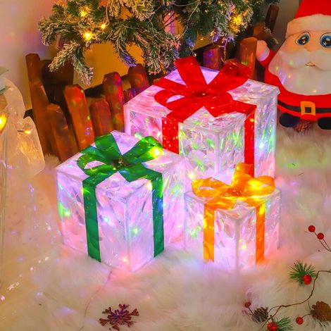 Set di 3 scatole regalo di Natale illuminate, decorazioni natalizie luminose, scatola regalo per corsie natalizie interne ed esterne, decorazioni per feste (trasparenti) (1/5)