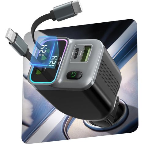 4-in-1-Autoladegerät mit 65 W USB-C-Anschluss, 80 cm langem Einzugskabel und Ambientebeleuchtung, 12 V/24 V USB-C/USB-A-Schnellladefunktion für iPhone und Samsung Galaxy (1/5)