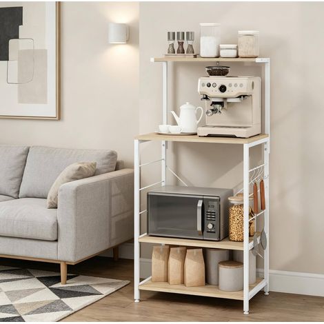 Estantería de cocina 60x40x123 cm, 4 estantes con 4 ganchos, multifuncional, madera de ingeniería y acero, blanco y roble claro (1/5)