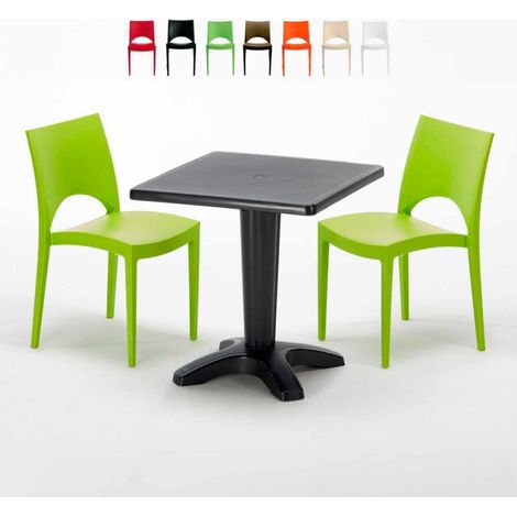 Table Carrée Noire 70x70cm Avec 2 Chaises Colorées Grand Soleil Set Bar Café Paris Aia - Vert